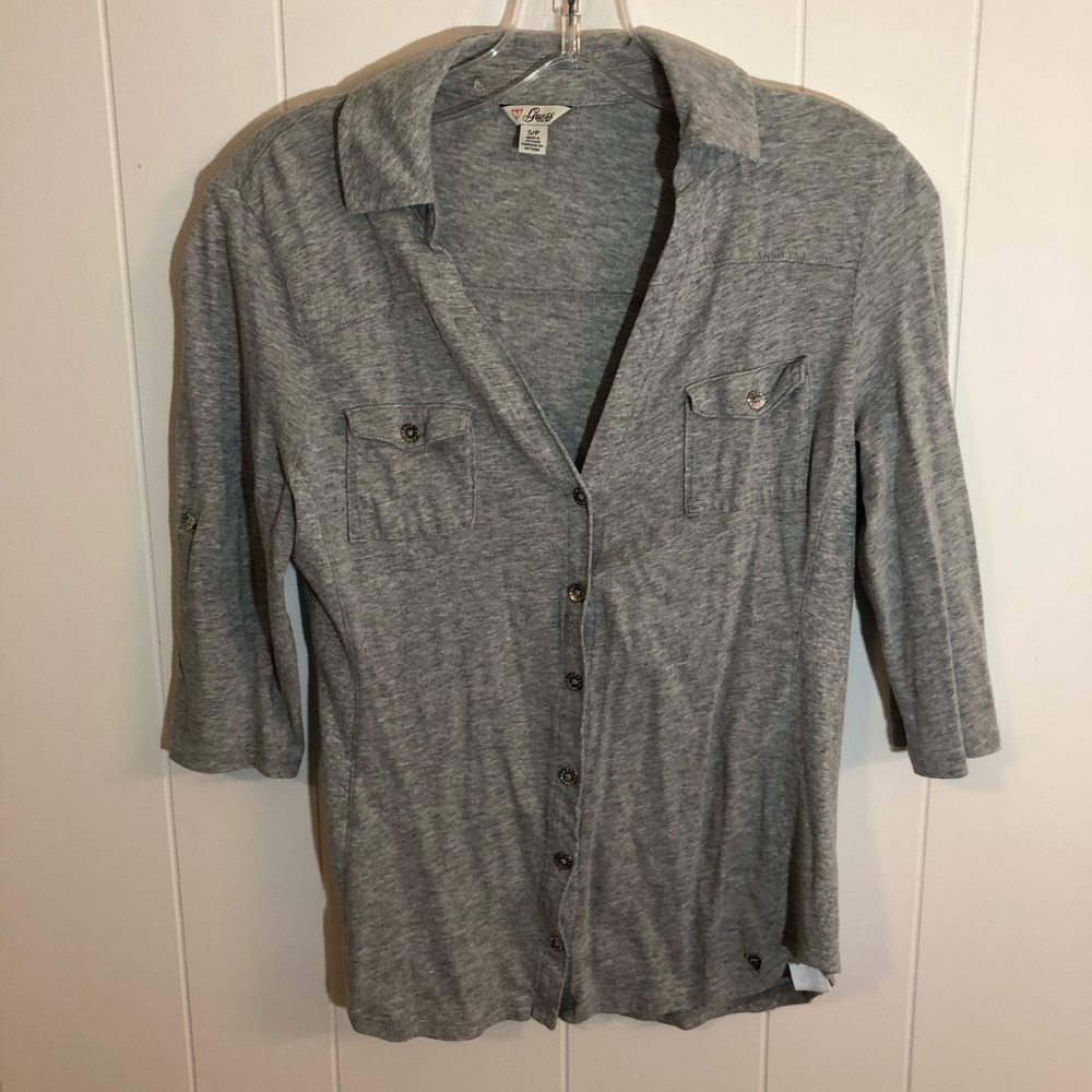 Guess 3/4 Sleeve Gray Button Up Top Soft Small